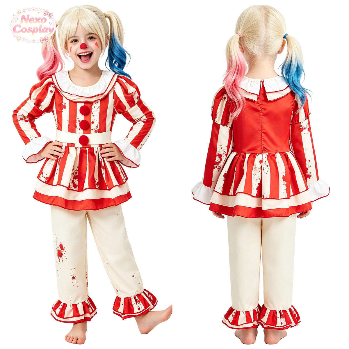키즈 레드 화이트 스트라이프 공포 광대 정장 할로윈 코 - Kids Cosplay Anime 리뷰 및 가격